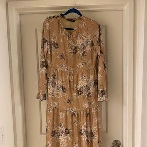 Beige, modest, floral, long sleeve, maxi dress